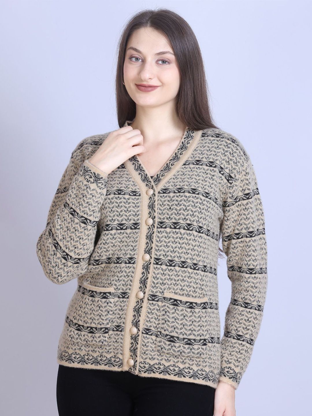 FIRST SLEEP Women Striped self Design Full Sleeve Woollen Cardigan