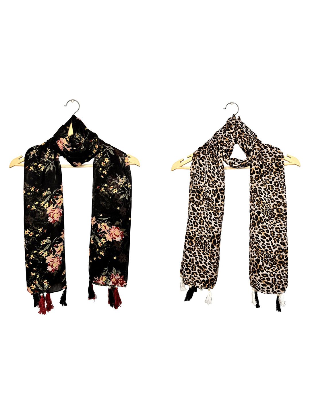 POSHAMPAA be desi Women Set of 2 Animal Printed Scarfs With Tasselled Border