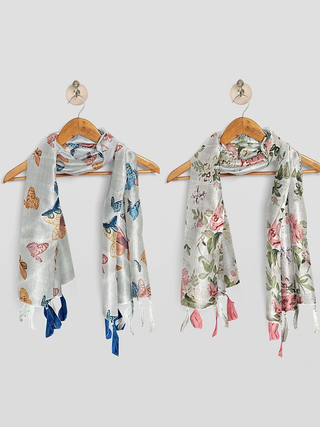 POSHAMPAA be desi Women Pack of 2 Printed Scarf with Tasselled Border
