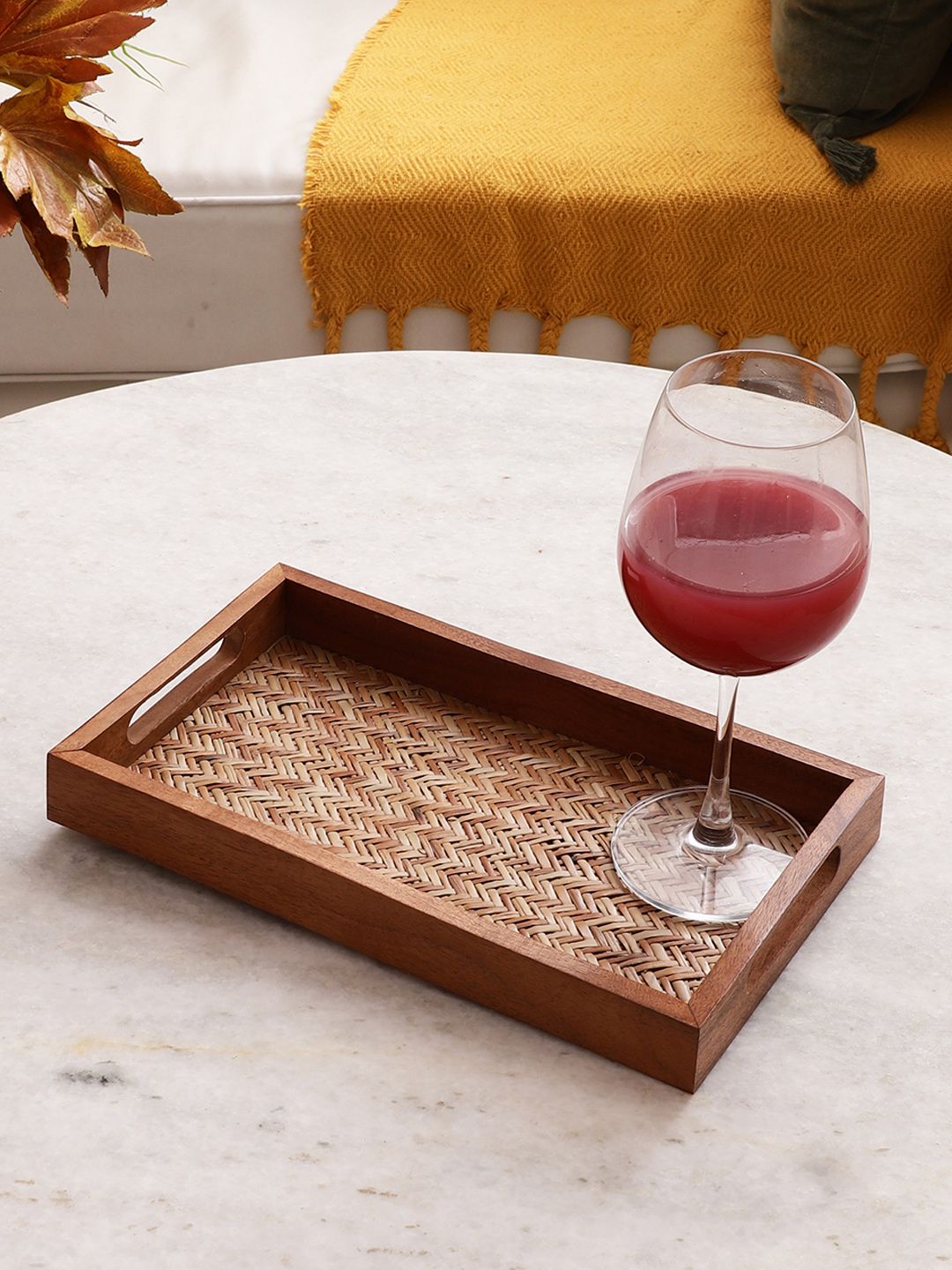 VarEesha Brown Acacia Wood Bamboo Base Rectangular Tray