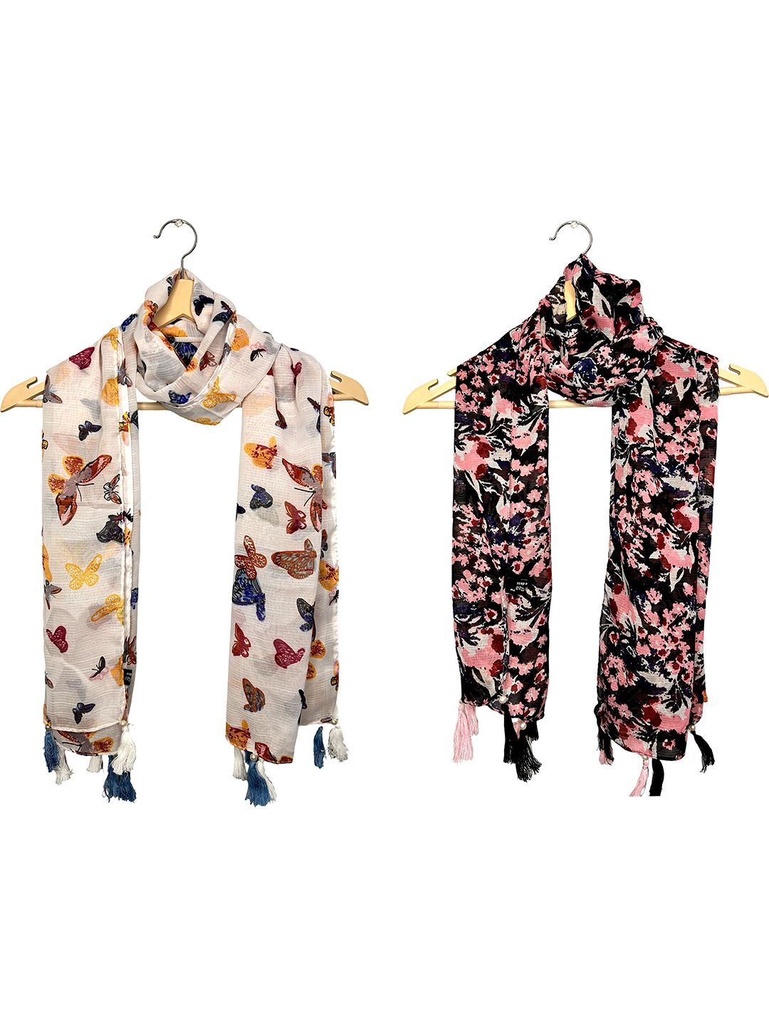 POSHAMPAA be desi Women Pack of 2 Printed Tasselled Border Scarf