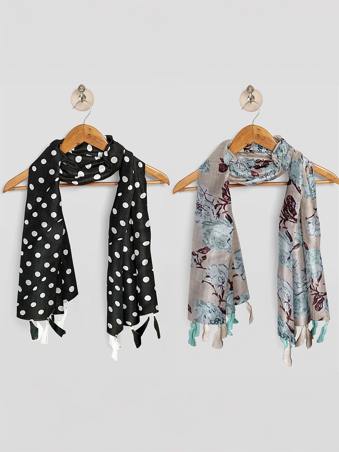 POSHAMPAA be desi Women Set of 2 Polka Dots Printed Scarfs With Tasselled Border