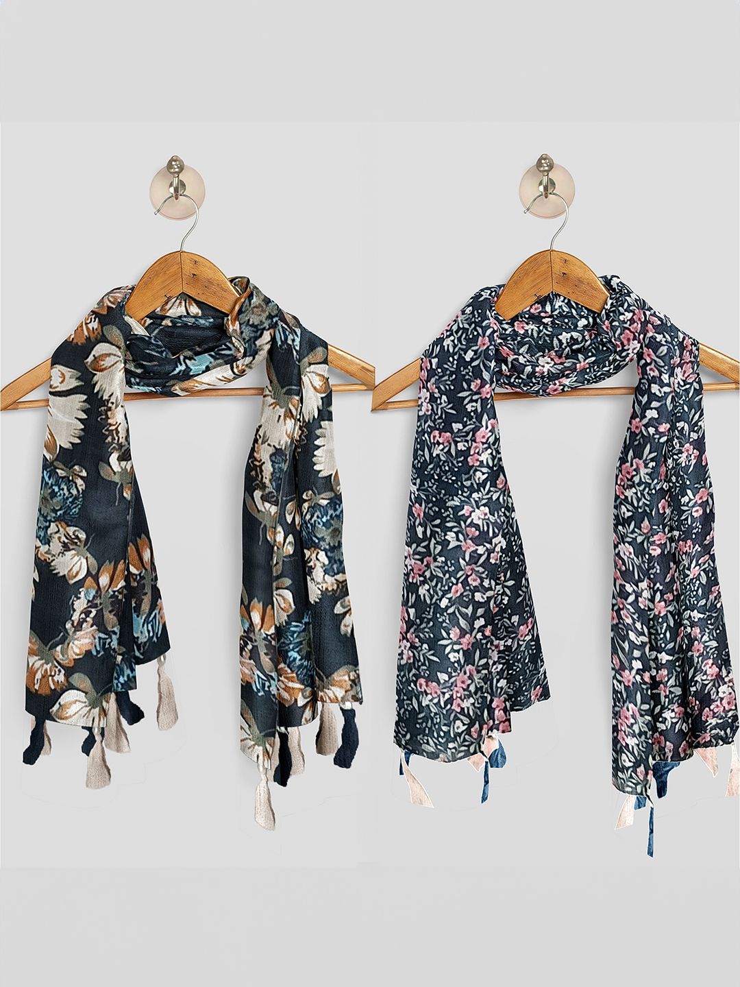 POSHAMPAA be desi Women Pack of 2 Printed Scarf with Tasselled Border