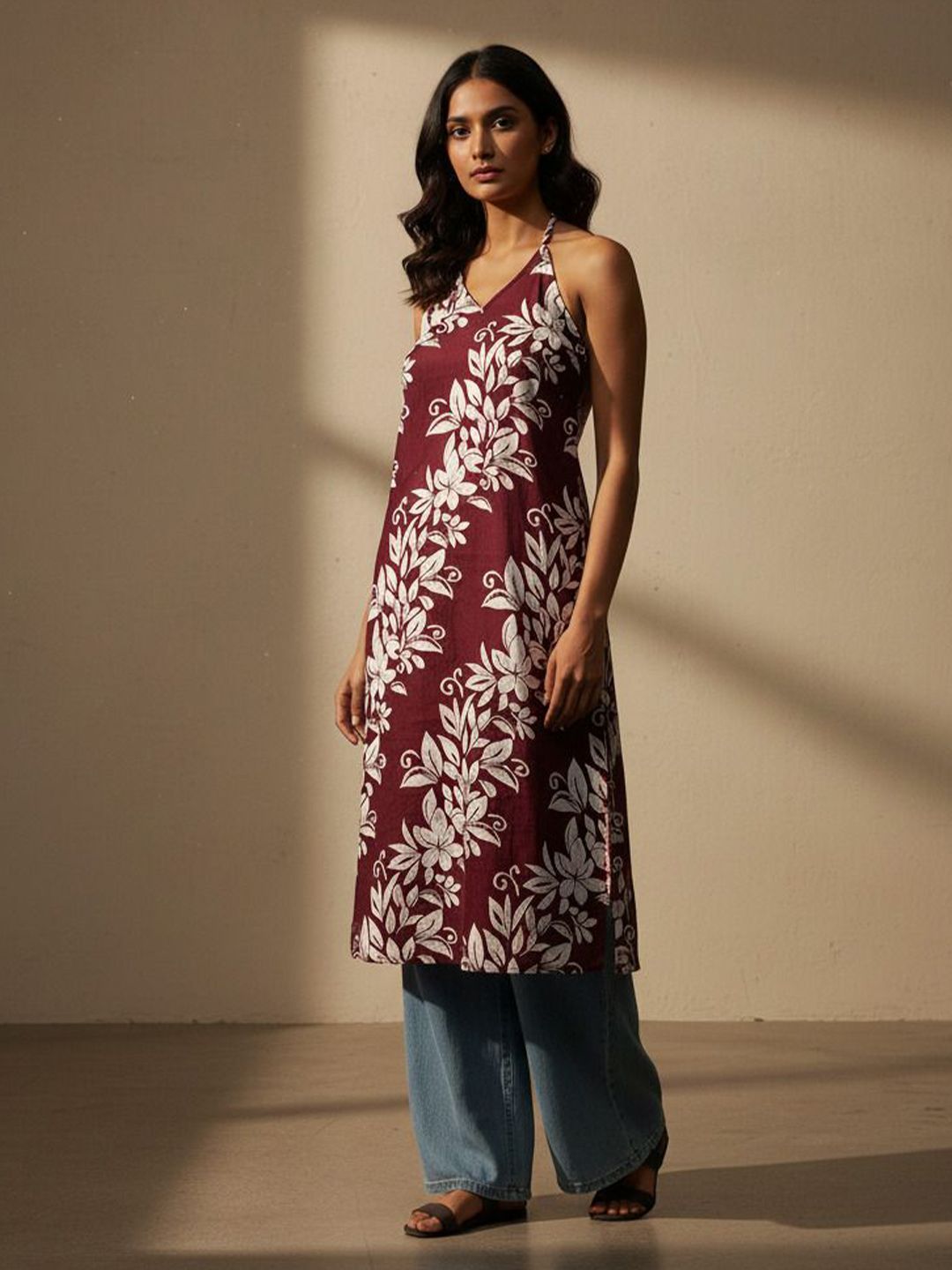 DHAKRE FASHION Floral Printed Halter Neck Pure Cotton Straight Kurta