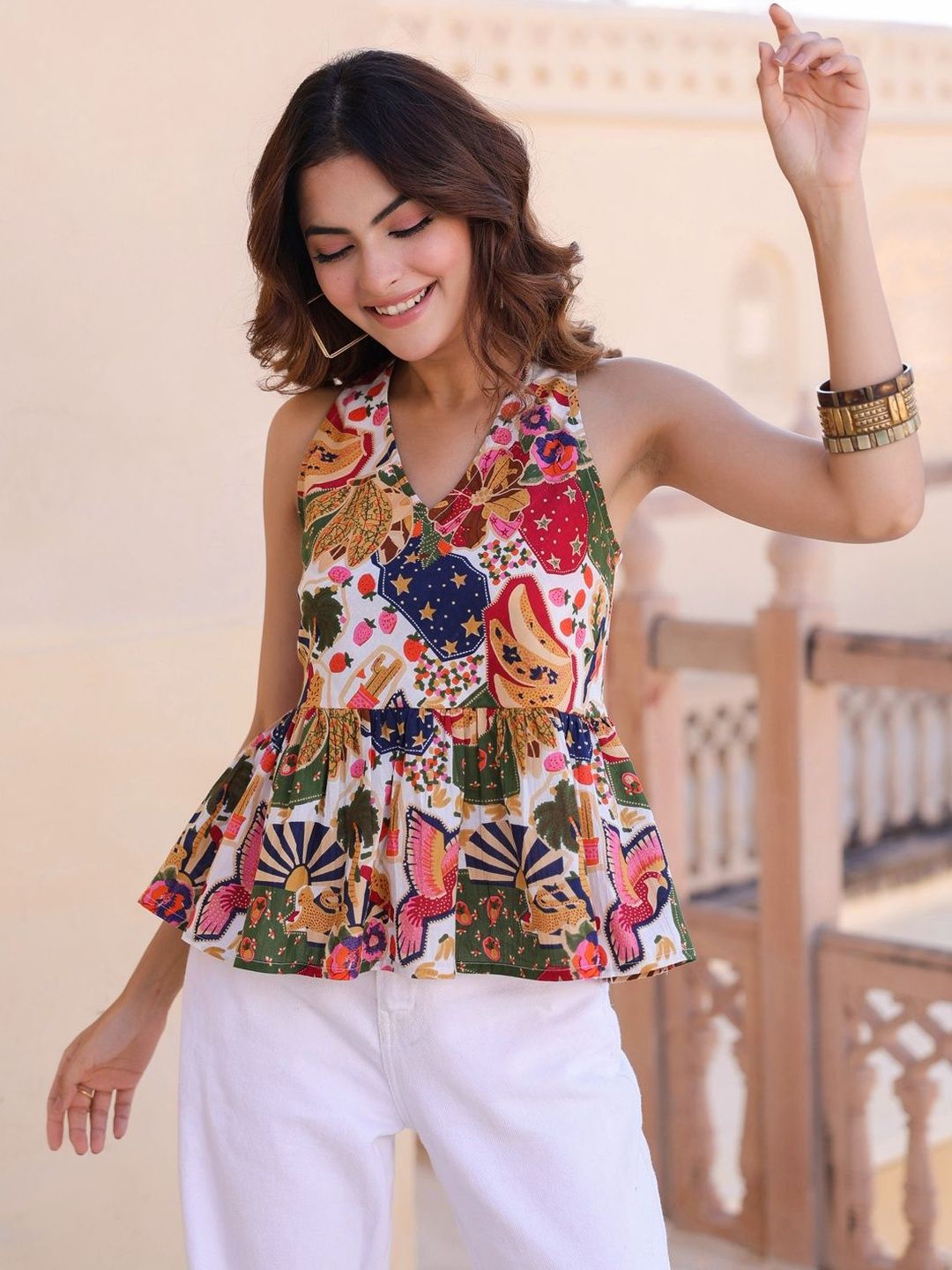 Rain & Rainbow Women Printed Cotton Sleeveless Peplum Top