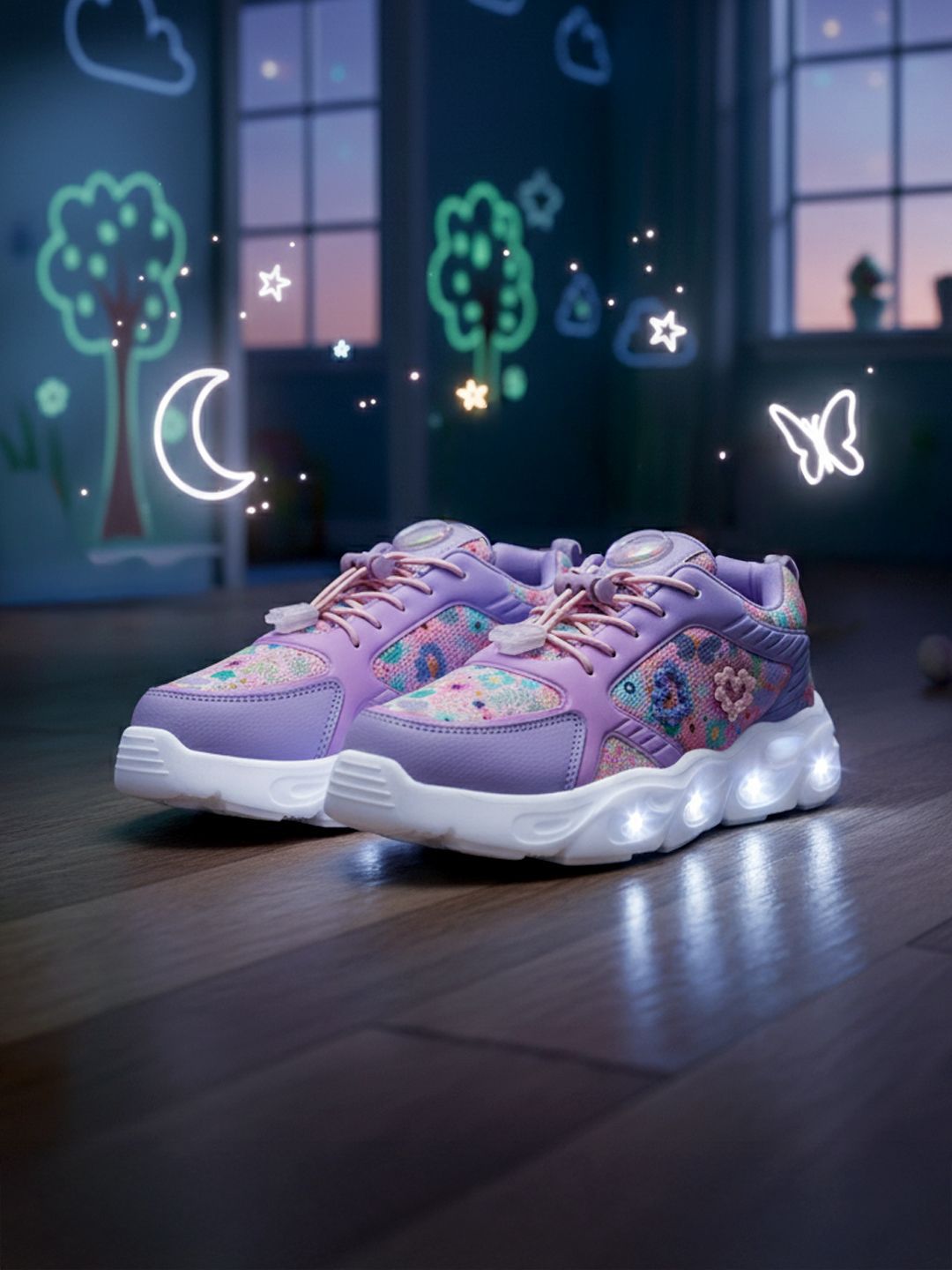 Hopits Girls Lavender Floral Print LED Light-Up Sneakers with Toggle Lace Closure