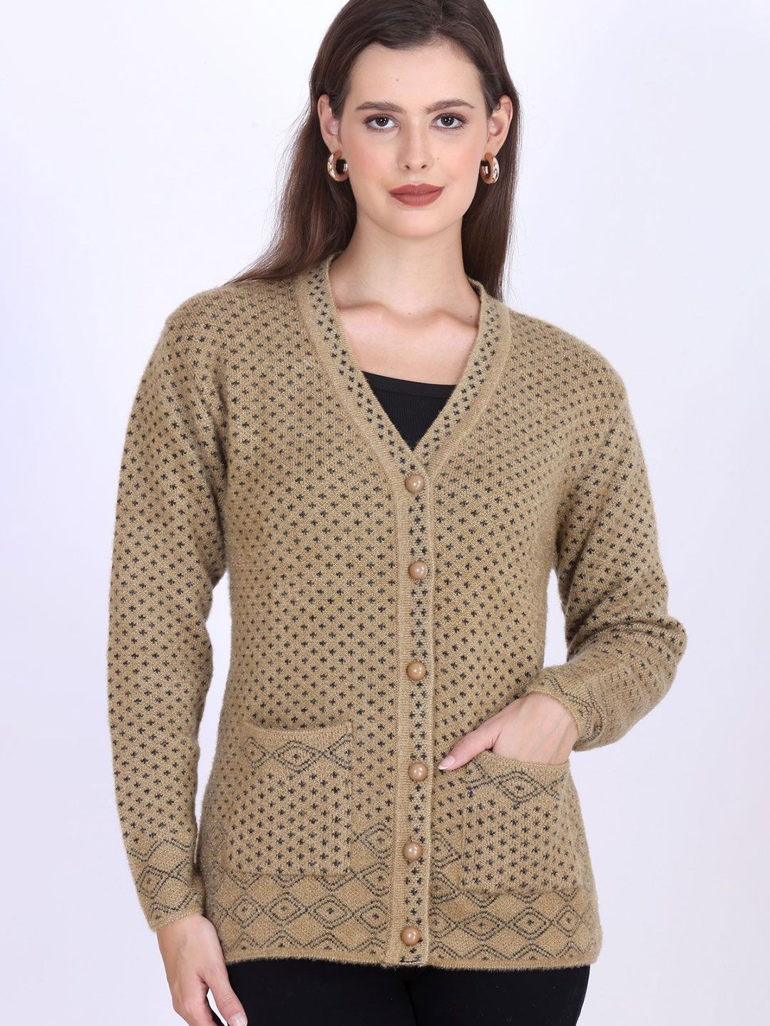 TRUDO Women Woollen self Design Full Sleeve Cardigan