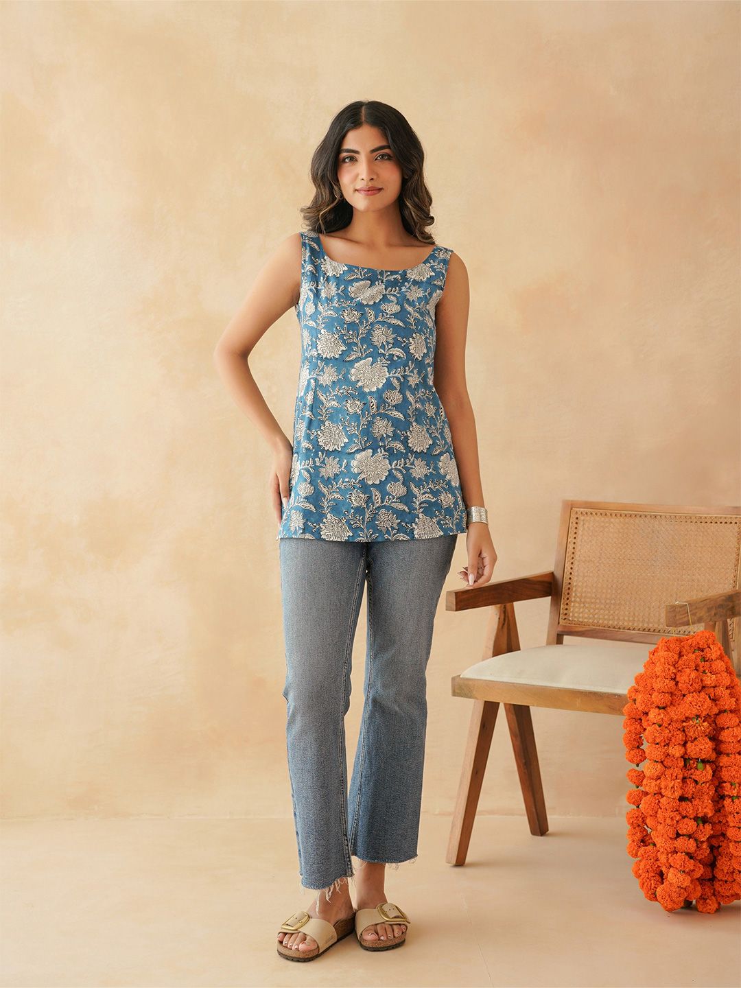 GOODHAND Women Floral Printed Sleeveless Pure Cotton Kurti