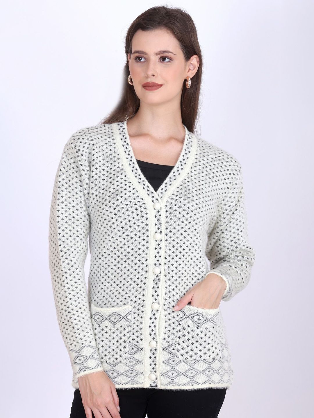 TRUDO Women Woollen self Design Full Sleeve Cardigan