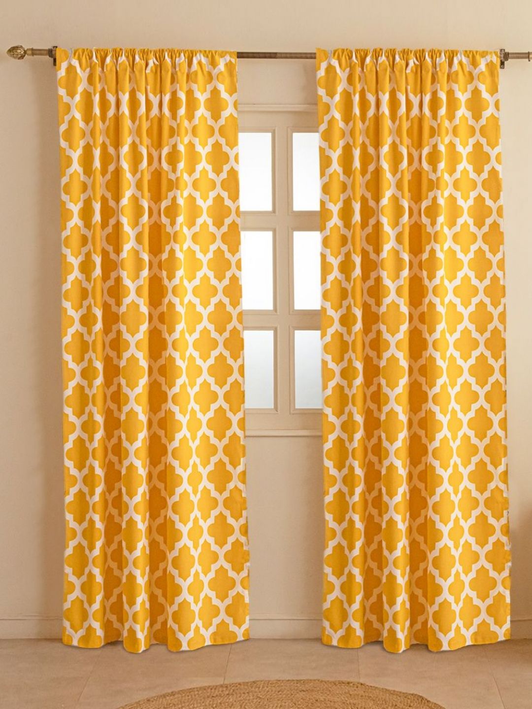 HOMEMONDE Yellow & White 2 Pieces Geometric Printed Cotton Room Darkening Door Rod Pocket Curtains