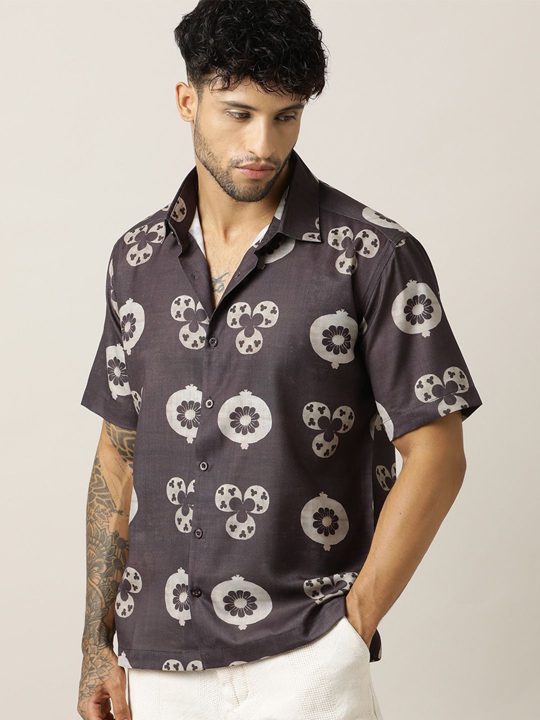 Paper Cut Men Floral Printed Linen Shirts
