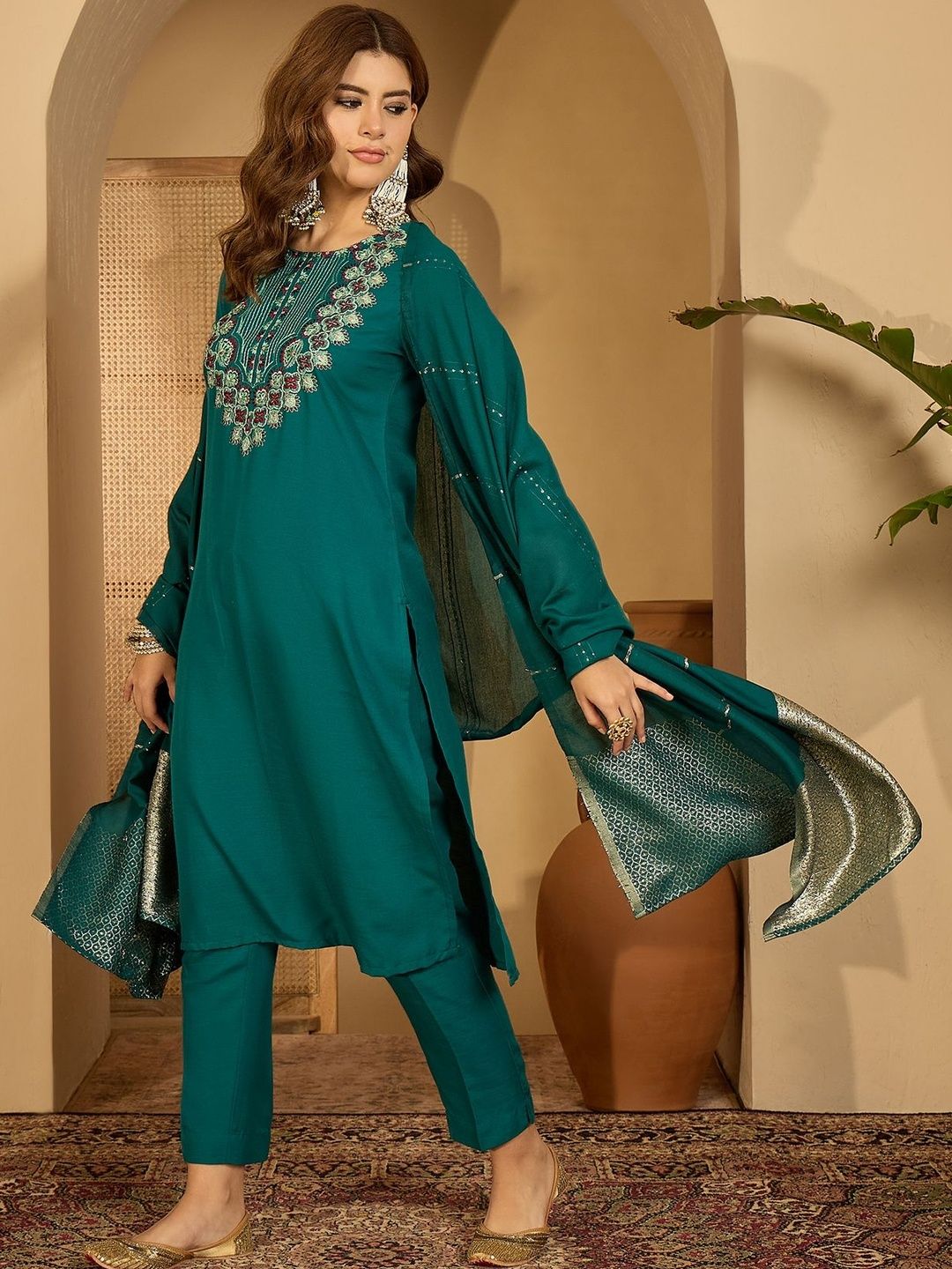Sangria Women Teal Embroidered  Kurta Sets With Dupatta