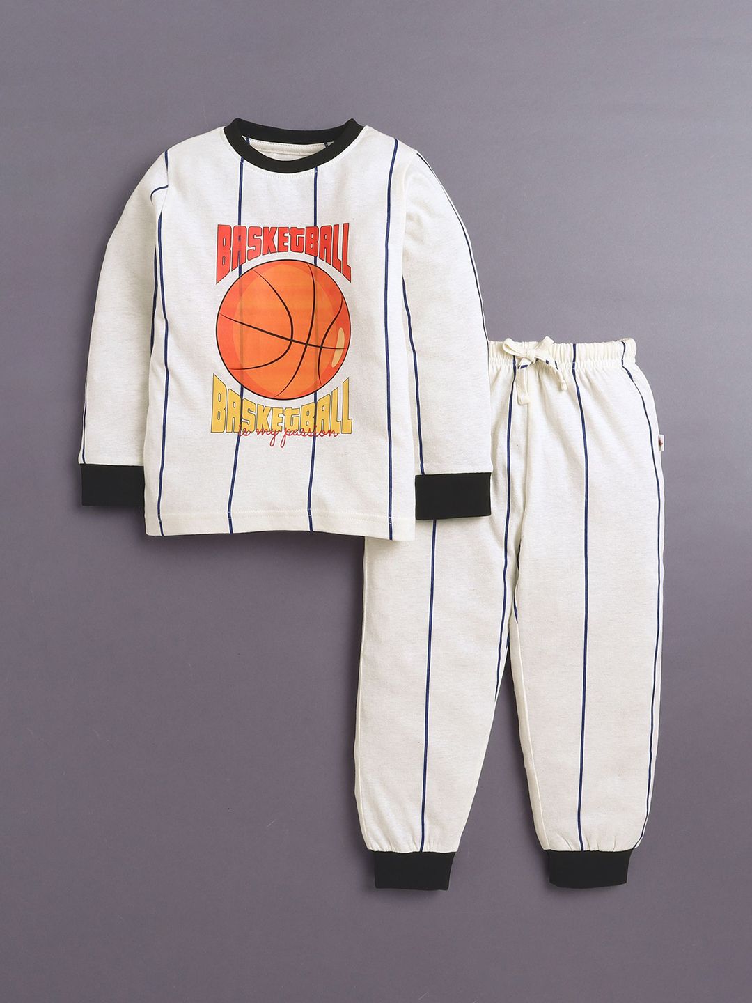 BUMZEE Boys Striped and Printed Full Sleeves Pure Cotton T-Shirt & Pyjama Nightsuit Set