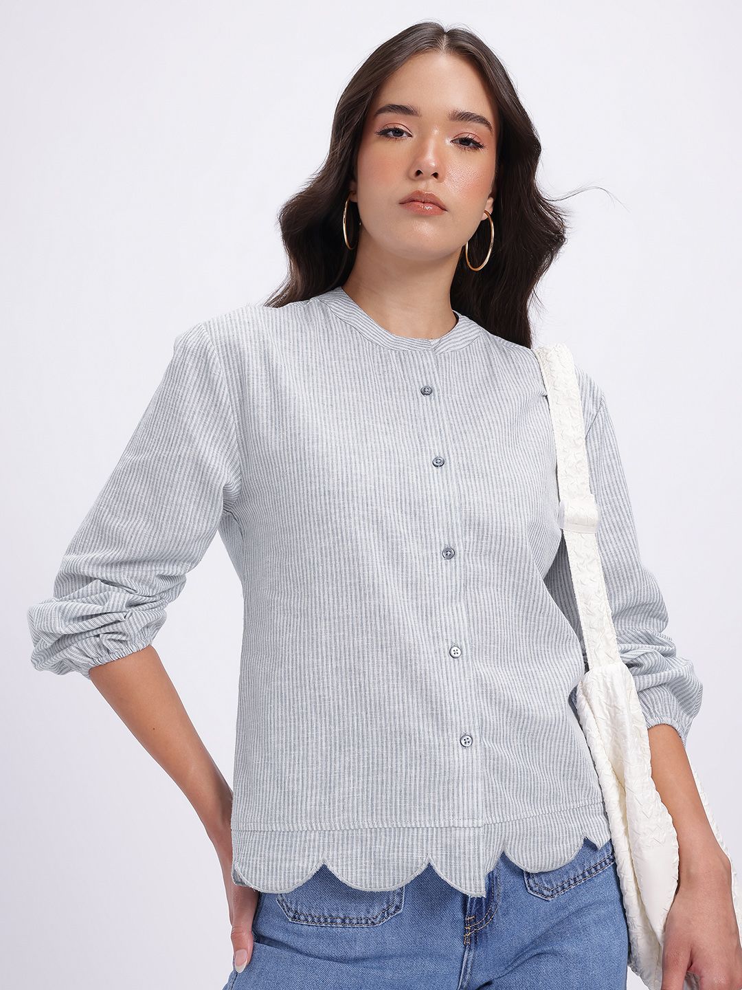 Buy glitchez Pure Cotton Striped Scalloped Hem Shirt - Shirts for