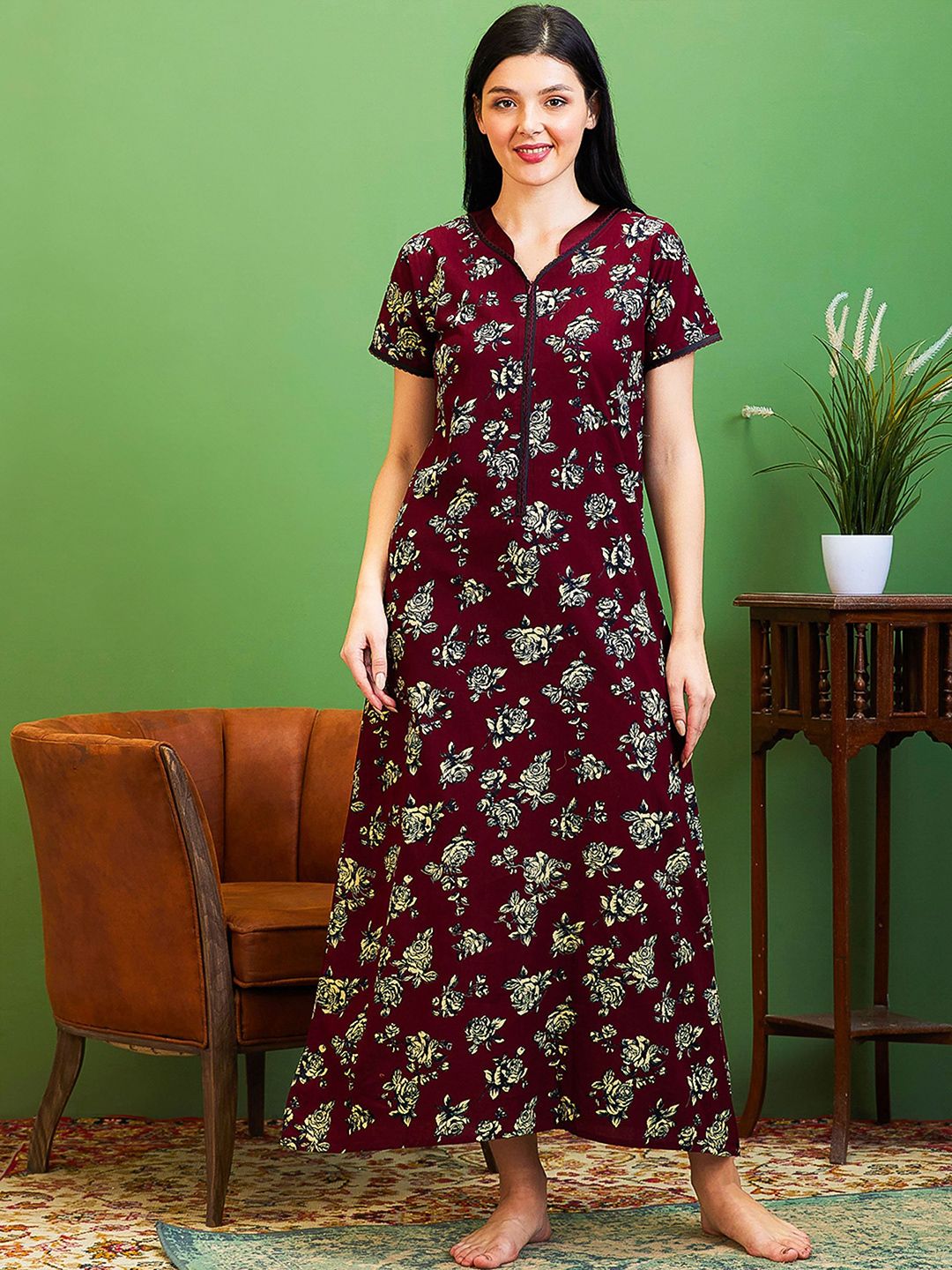 AV2 Women Floral Printed Short Sleeves Pure Cotton Maxi Nightdress