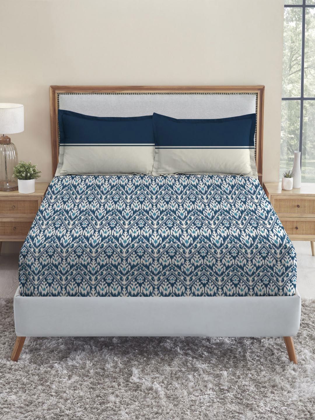Buy MYTRIDENT Urban Comfort Blue Printed Pure Cotton 144 TC Double Bedsheet Set 2.54 X 2.28 M -  - Home for Unisex