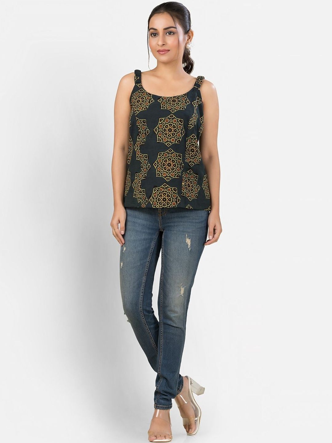 Crazy Needle Women Black Geometric Printed Cotton Tank Top