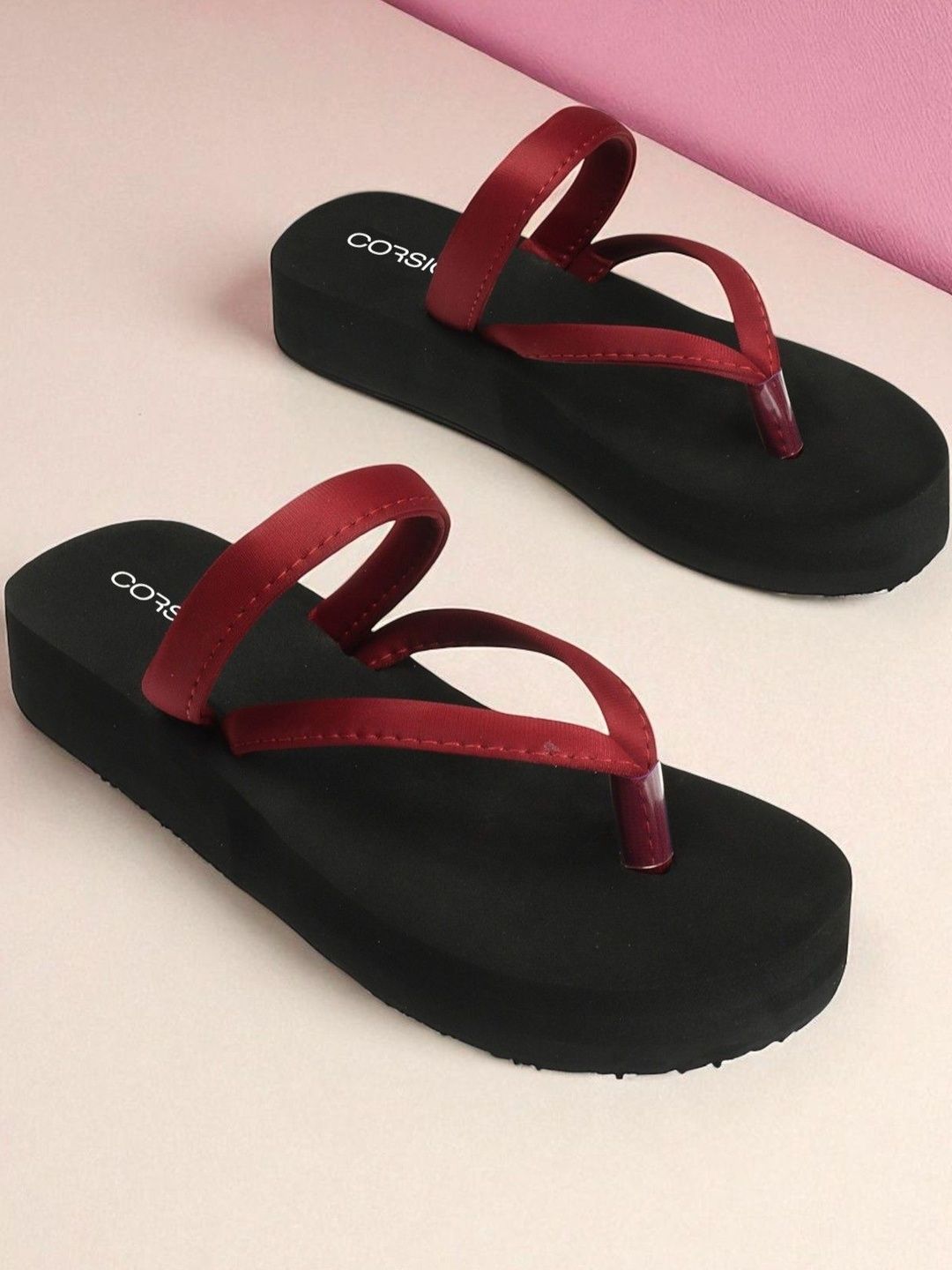 CORSICA Women Maroon & Black Colourblocked Fabric Open Toe Slip-On