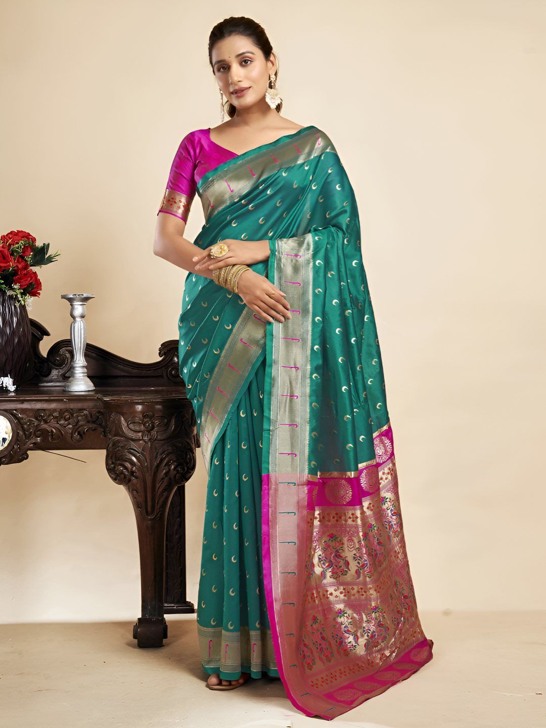 ETHNICHITZ Ethnic Motifs Woven Design Zari Designer Paithani Saree With Blouse