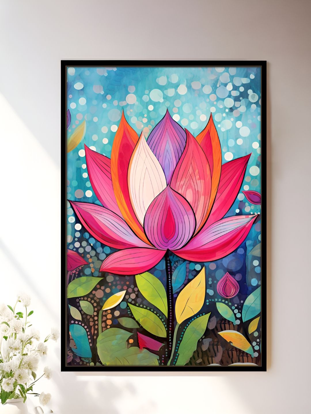 Art Street Pink blue Abstract Lotus Floral Vastu Framed Canvas Wall Art Painting 23x35 In