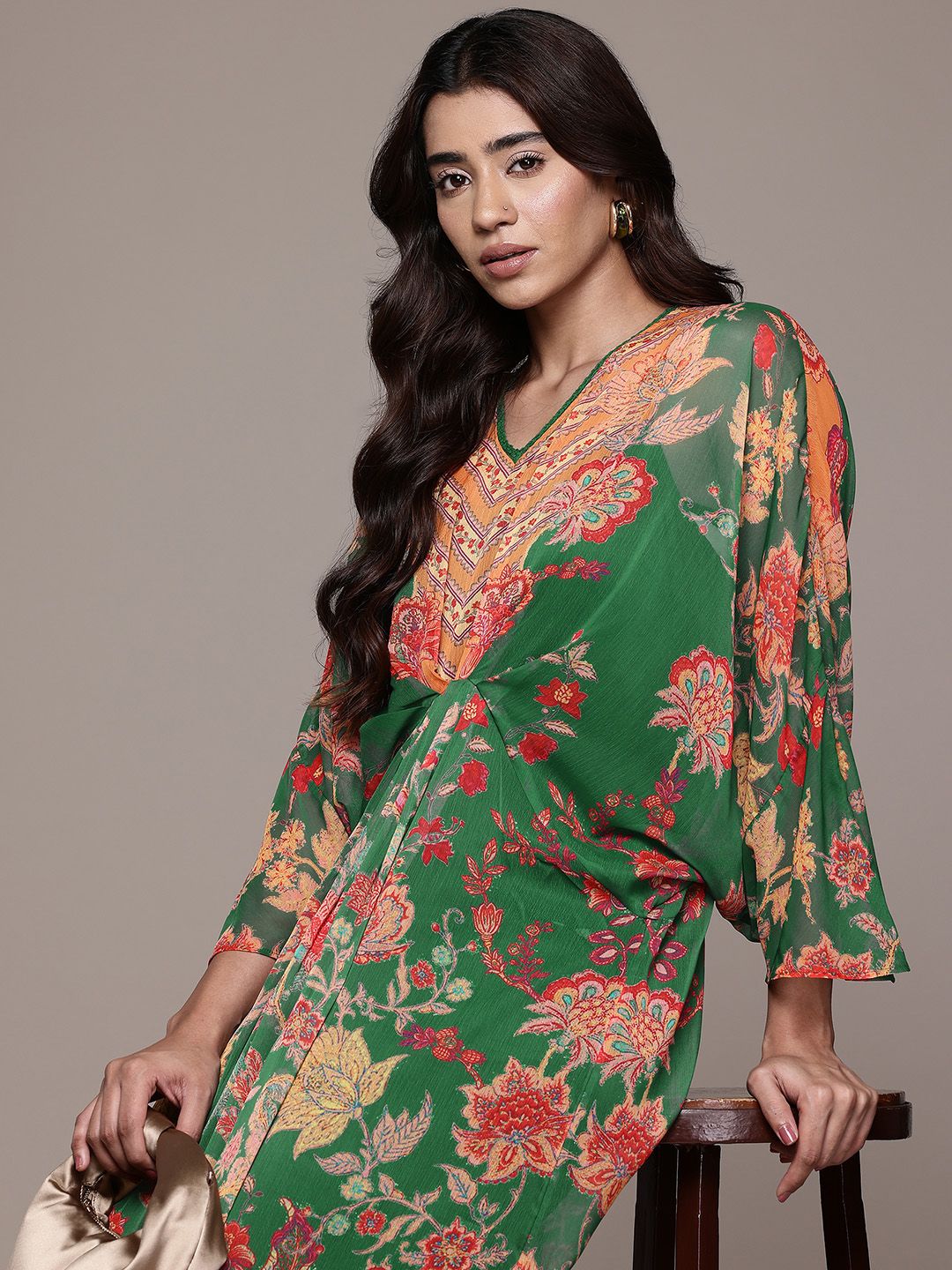 aarke Ritu Kumar Floral Print V-Neck Gathered and Pleated Kaftan Midi Dress