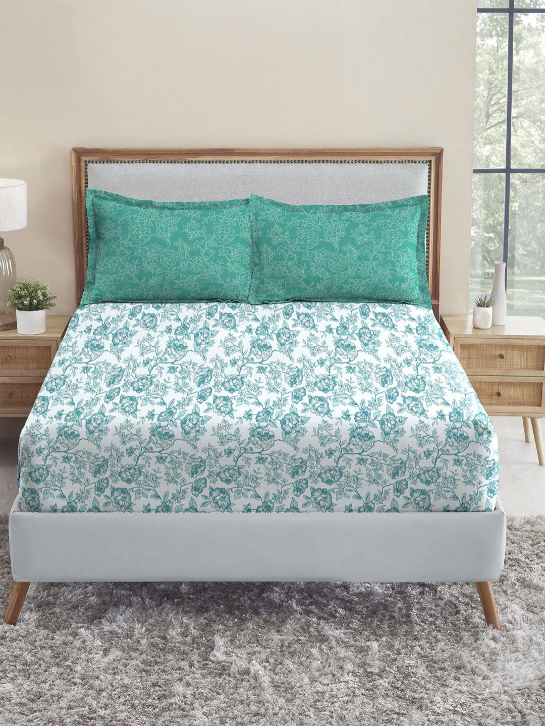 Buy MYTRIDENT Urban Comfort Blue Printed Pure Cotton 144 TC Double Bedsheet Set 2.54 X 2.28 M -  - Home for Unisex