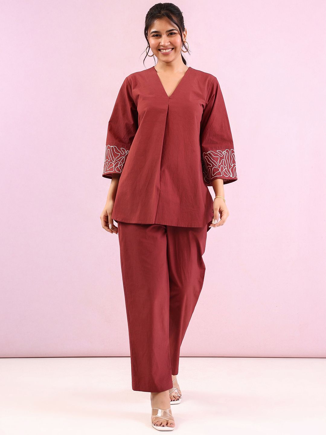 CUSTARD Embroidered V Neck Cotton Poplin Tunic With Trousers Co-Ords