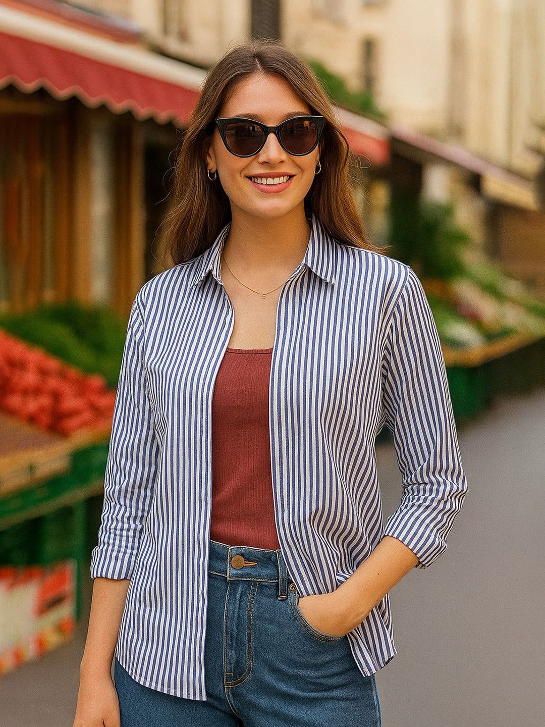 English Women Wrinkle Resistant Candy Striped Casual Shirt