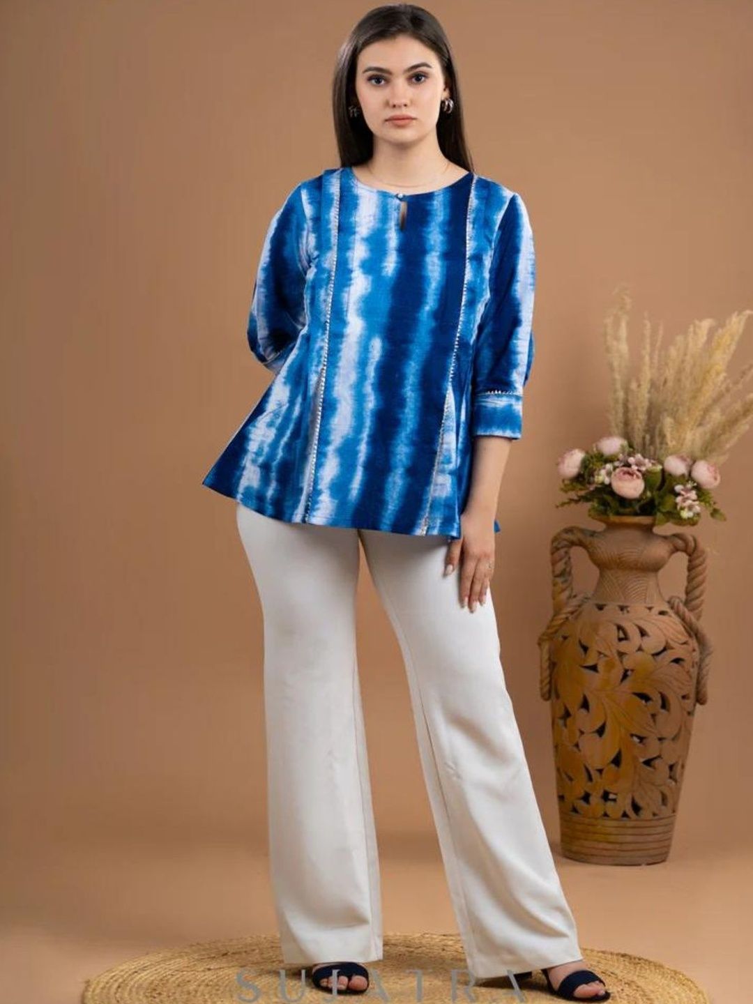 JEMCY Women Tie and Dye Round Neck Cotton Top