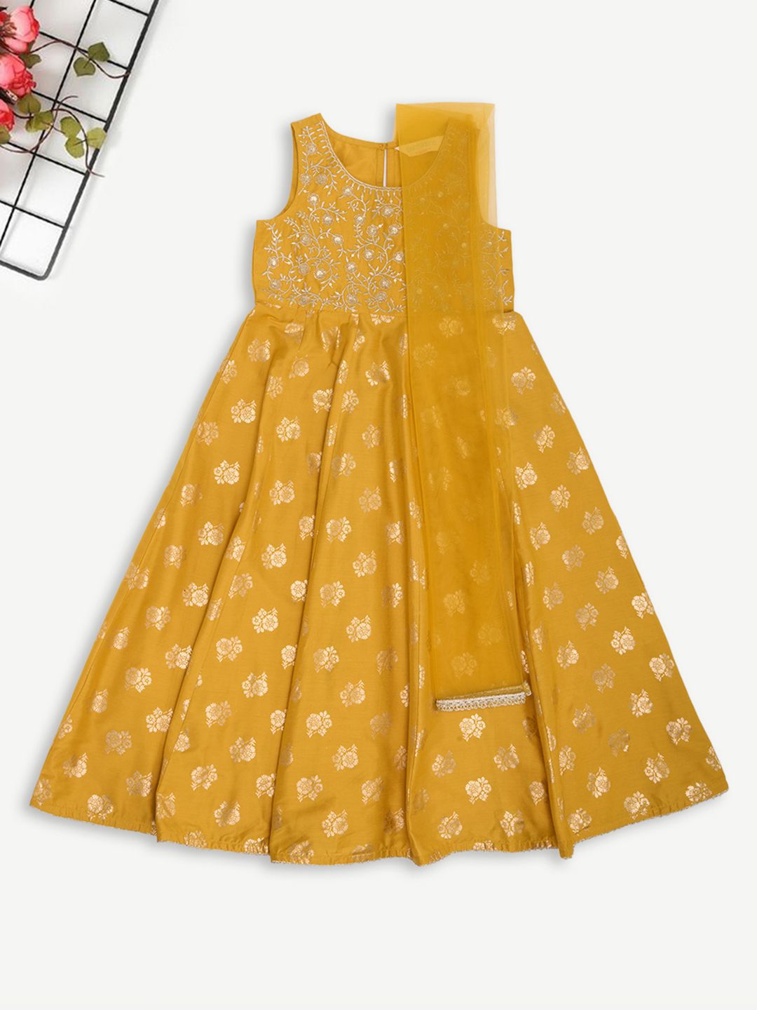 Girls Floral Embroidered Maxi Dress With Dupatta Set