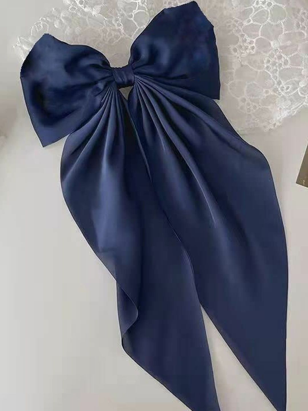 DIVASTRI Women Navy Blue Silky Satin Long Tail Bowknot Hair Bow Clip Hairpin