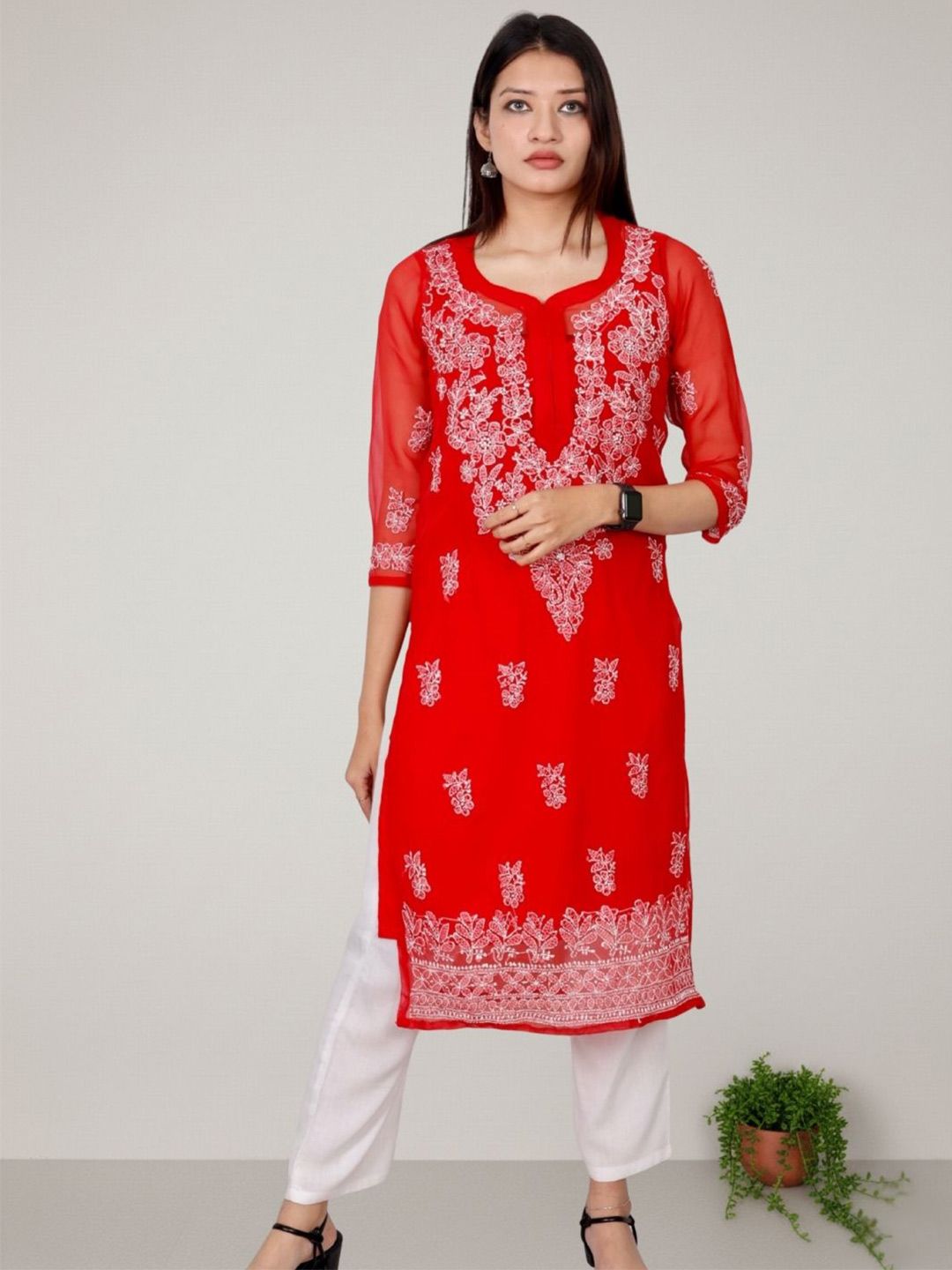 myplusfashion Women Ethnic Motifs Embroidered Chikankari Georgette Kurta