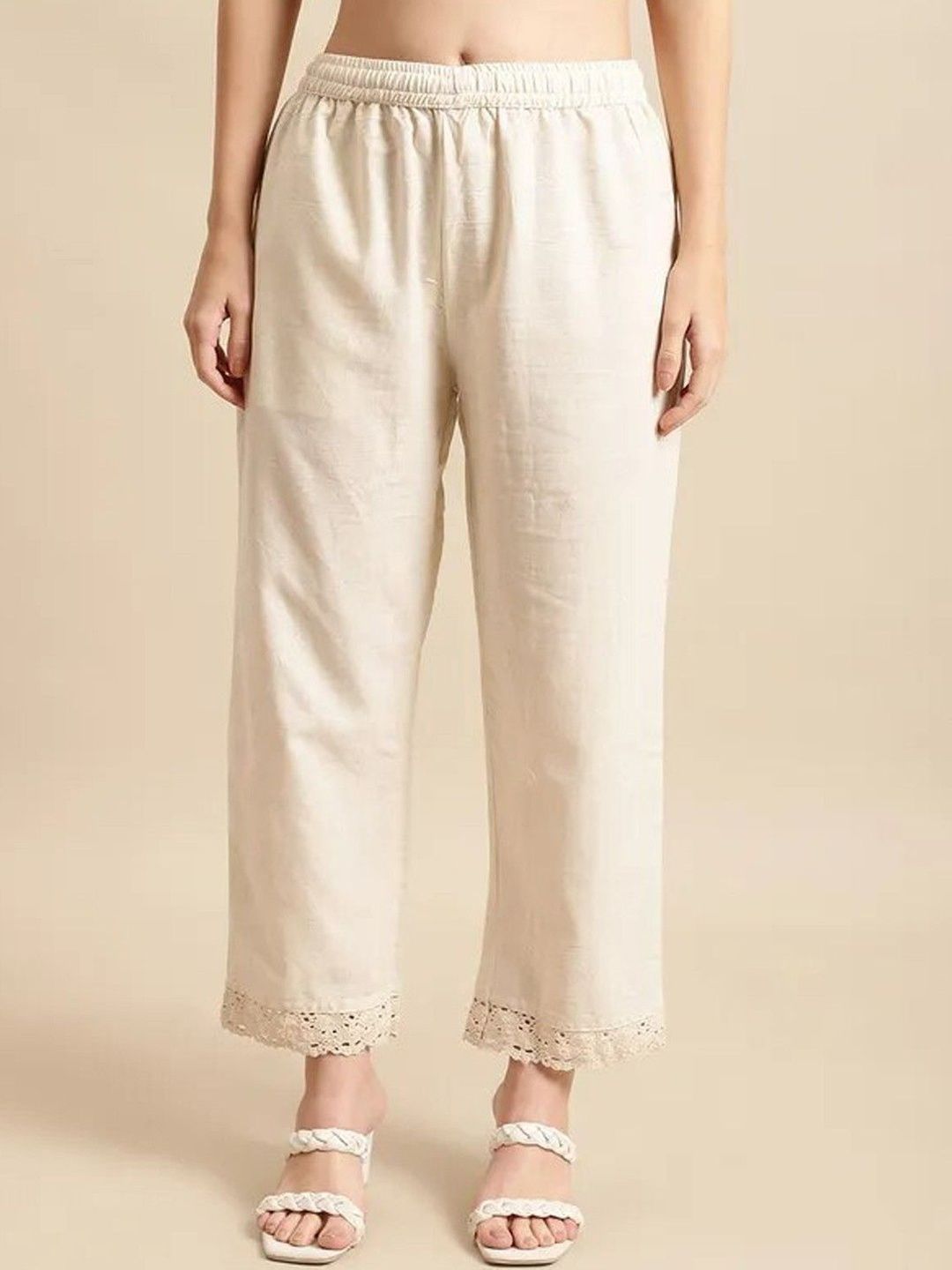 KBZ Women Relaxed Straight Leg Mid-Rise Flat-Front Cotton Parallel Trouser