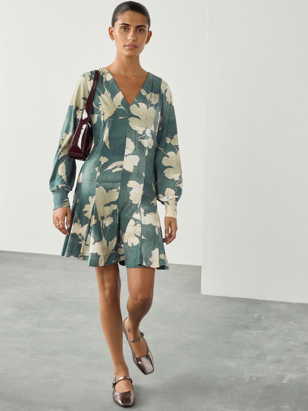NEXT Floral Print Puff Sleeve A-Line Dress