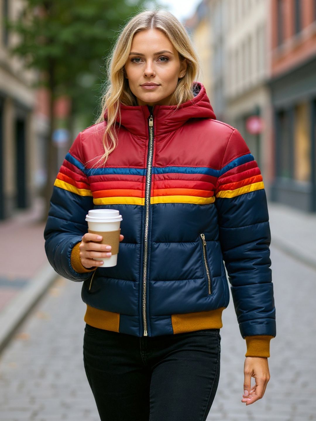 Mast & Harbour Women Hooded Striped Puffer Jacket