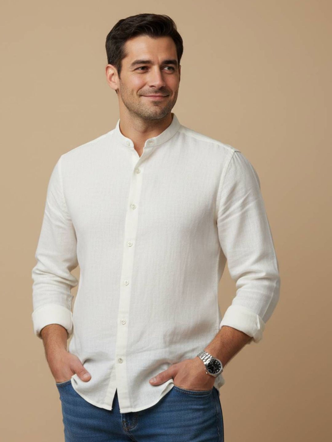 TRULOOM Mandarin Collar Regular Sleeves Standard Regular Fit Cotton Casual Shirt
