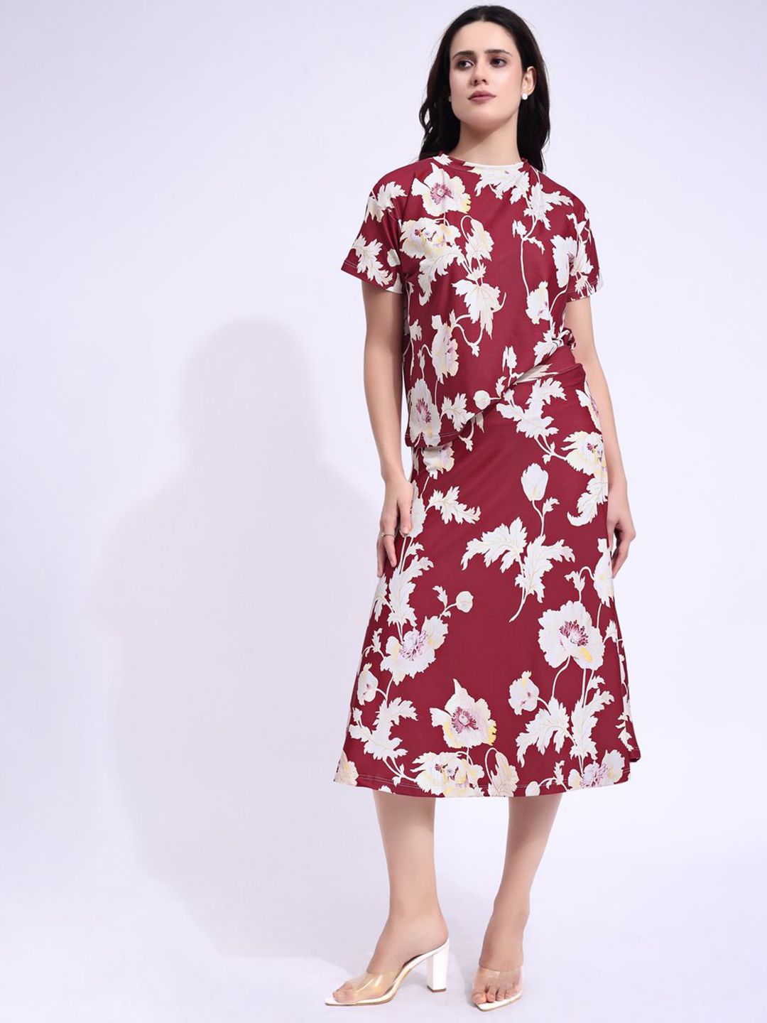 PURVAJA Printed High Neck Short Sleeves Top With Skirts