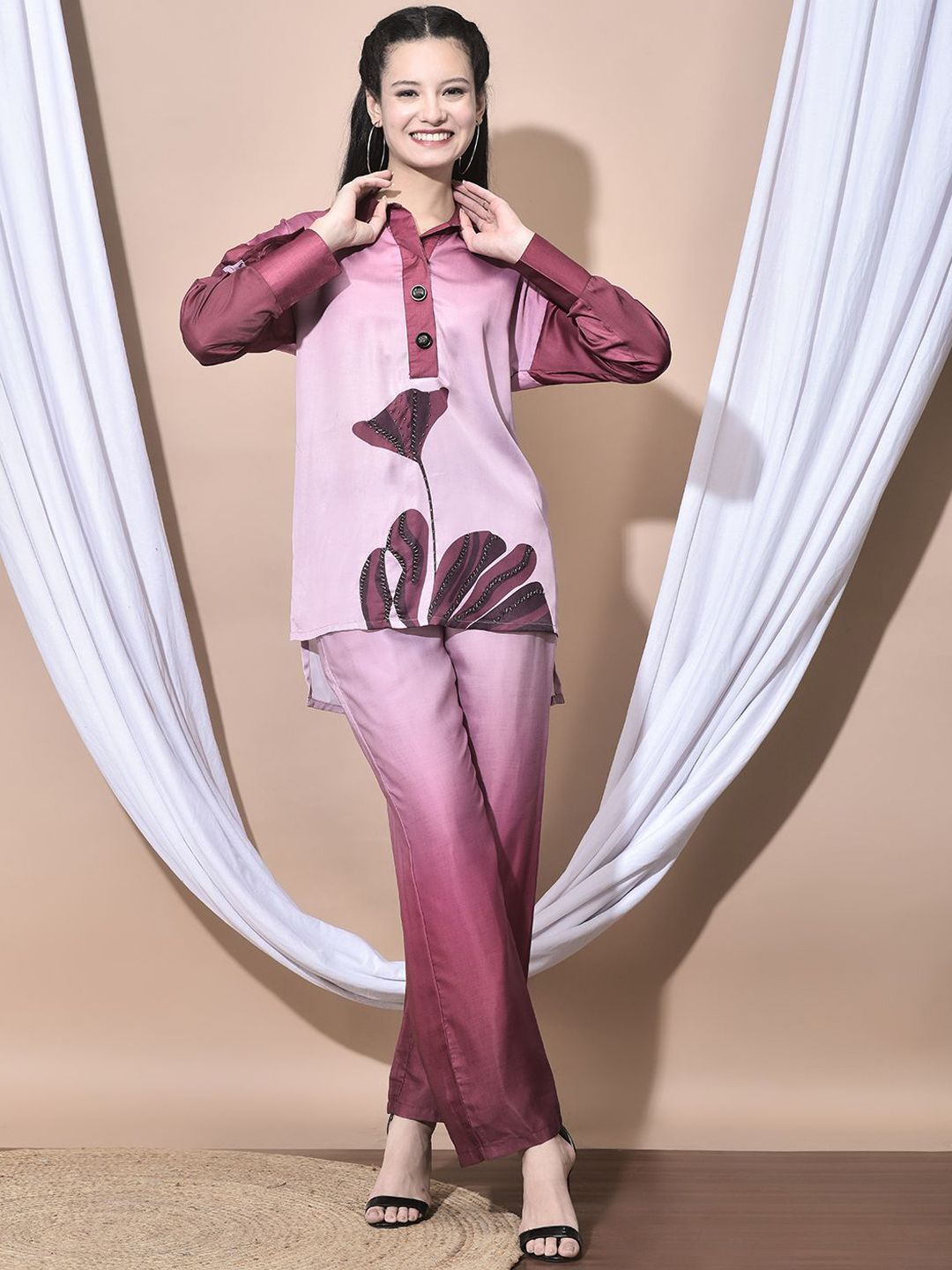 FFU Floral Printed Shirt Collar Tunic & Trouser