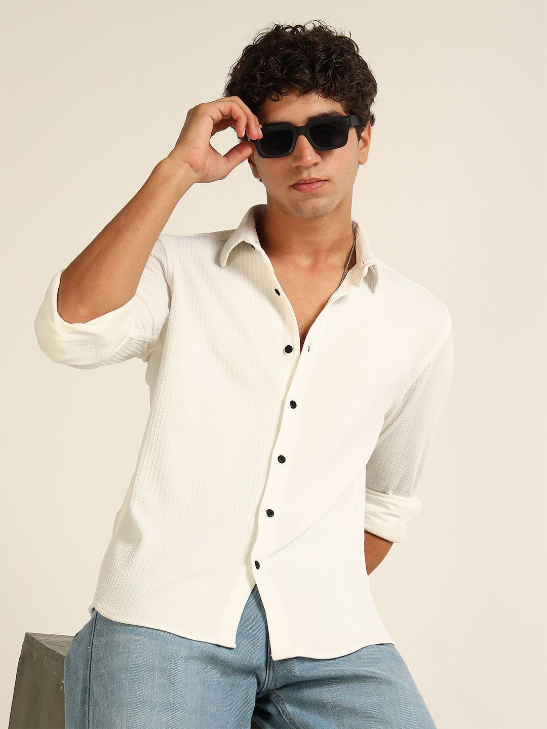 Bushirt Men Classic Fit Textured Spread Collar Casual Shirt