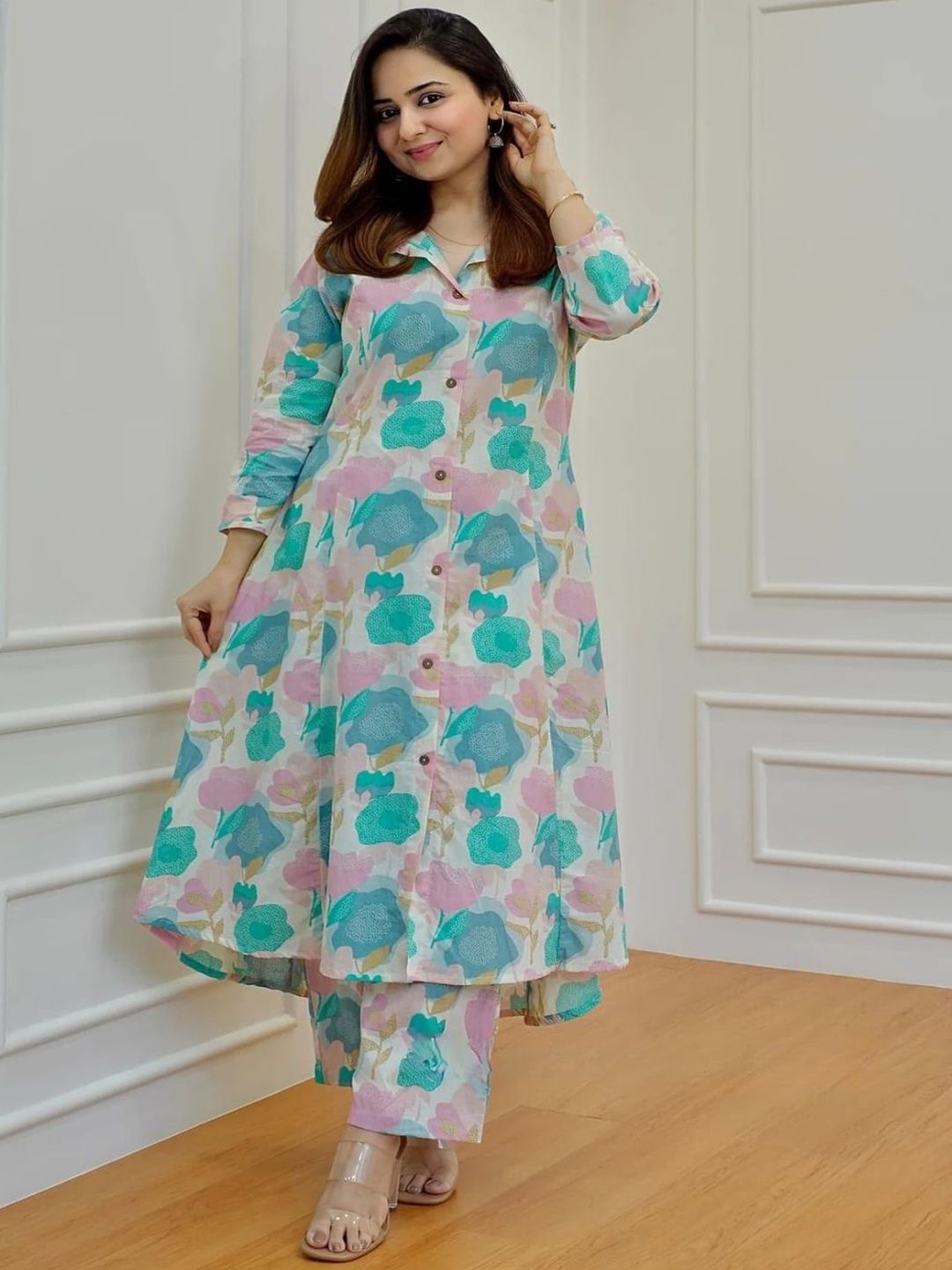 NavNari Printed Polo Collar Pure Cotton Tunic With Trouser