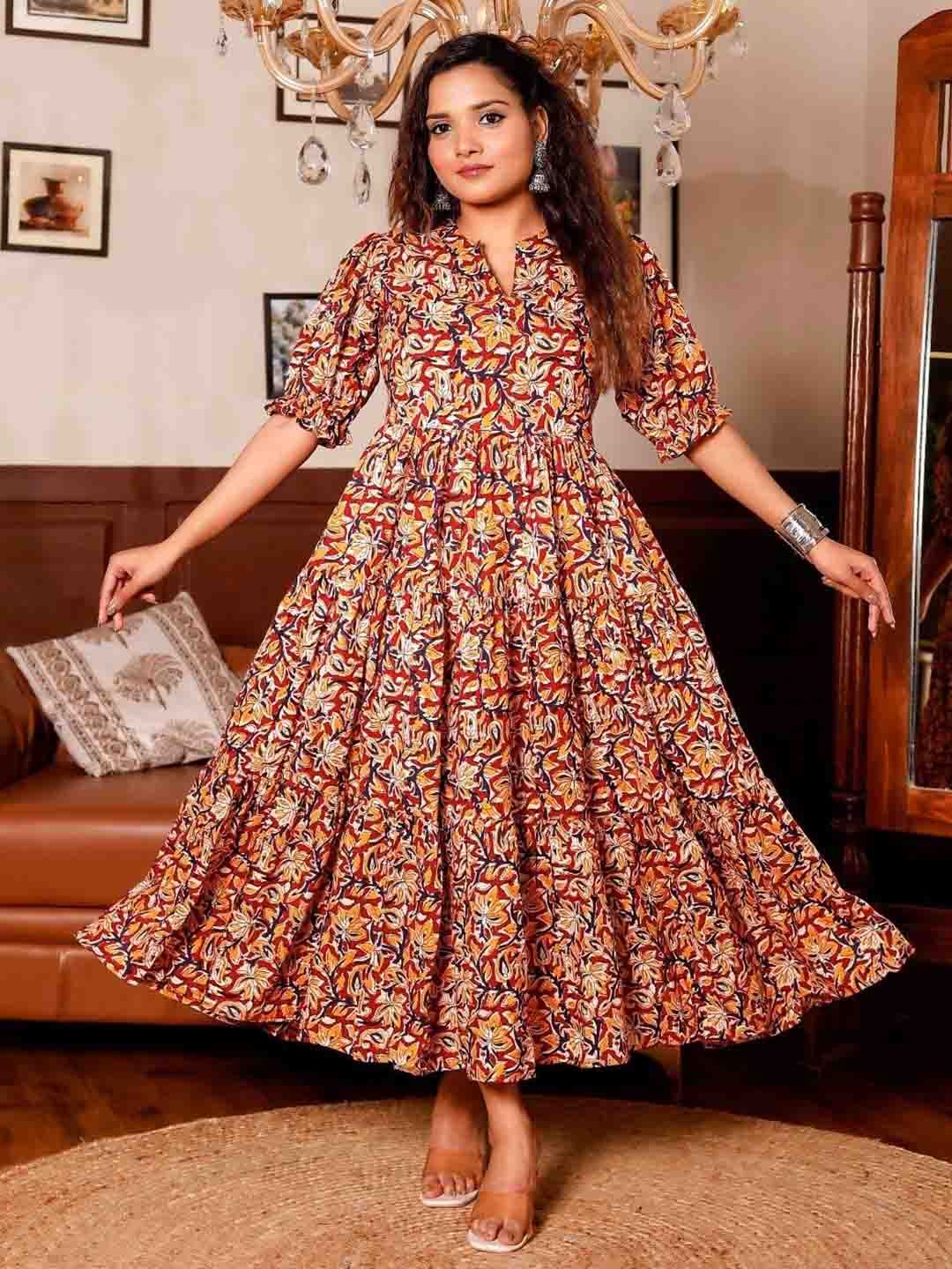 PRESHA Floral Printed Tiered V-Neck Cotton Fit & Flare Maxi Dress