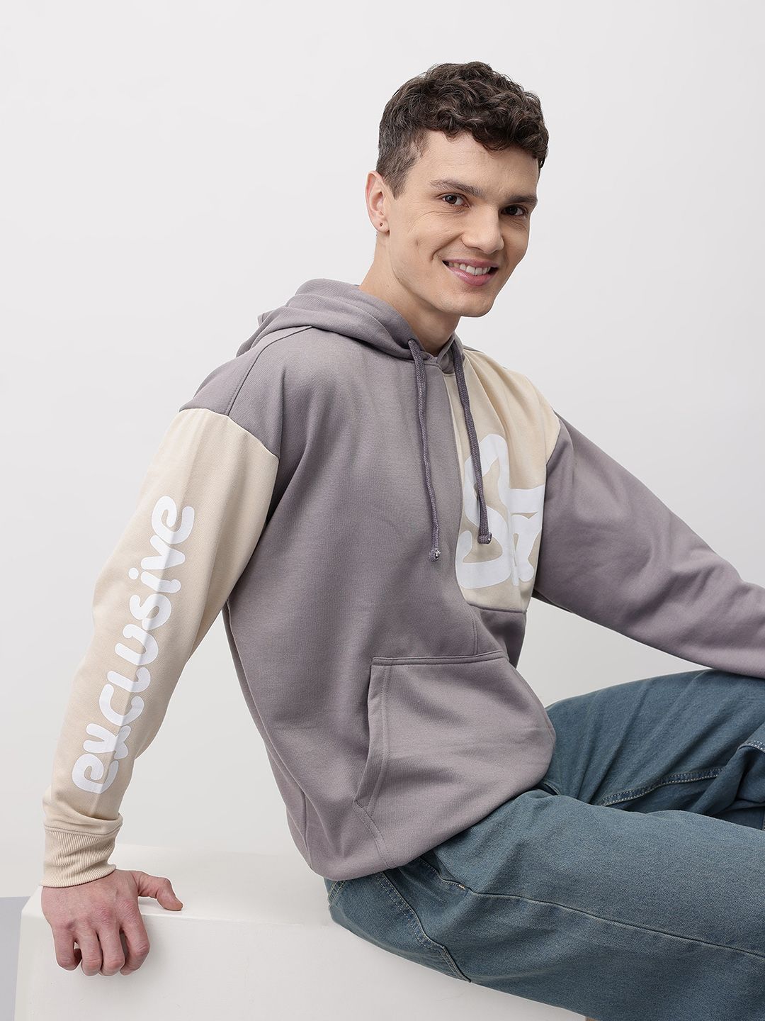Mast & Harbour Colourblocked Typography Printed Drop Shoulder Hooded Sweatshirt