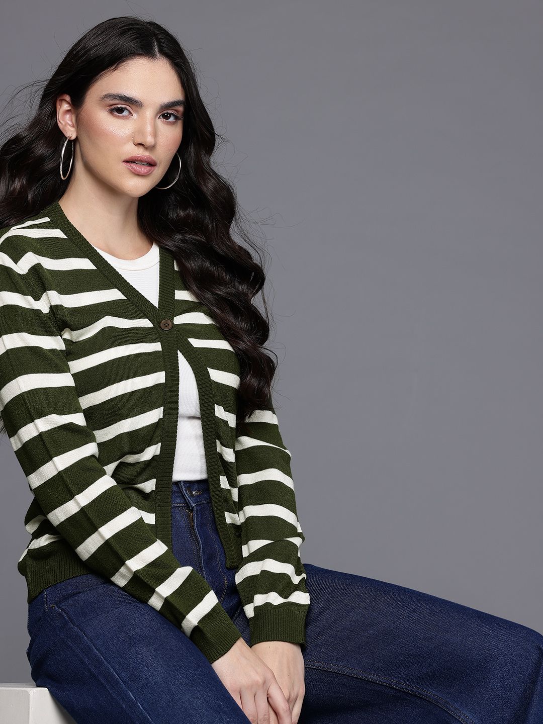 Allen Solly Woman Pure Acrylic Striped Cardigan