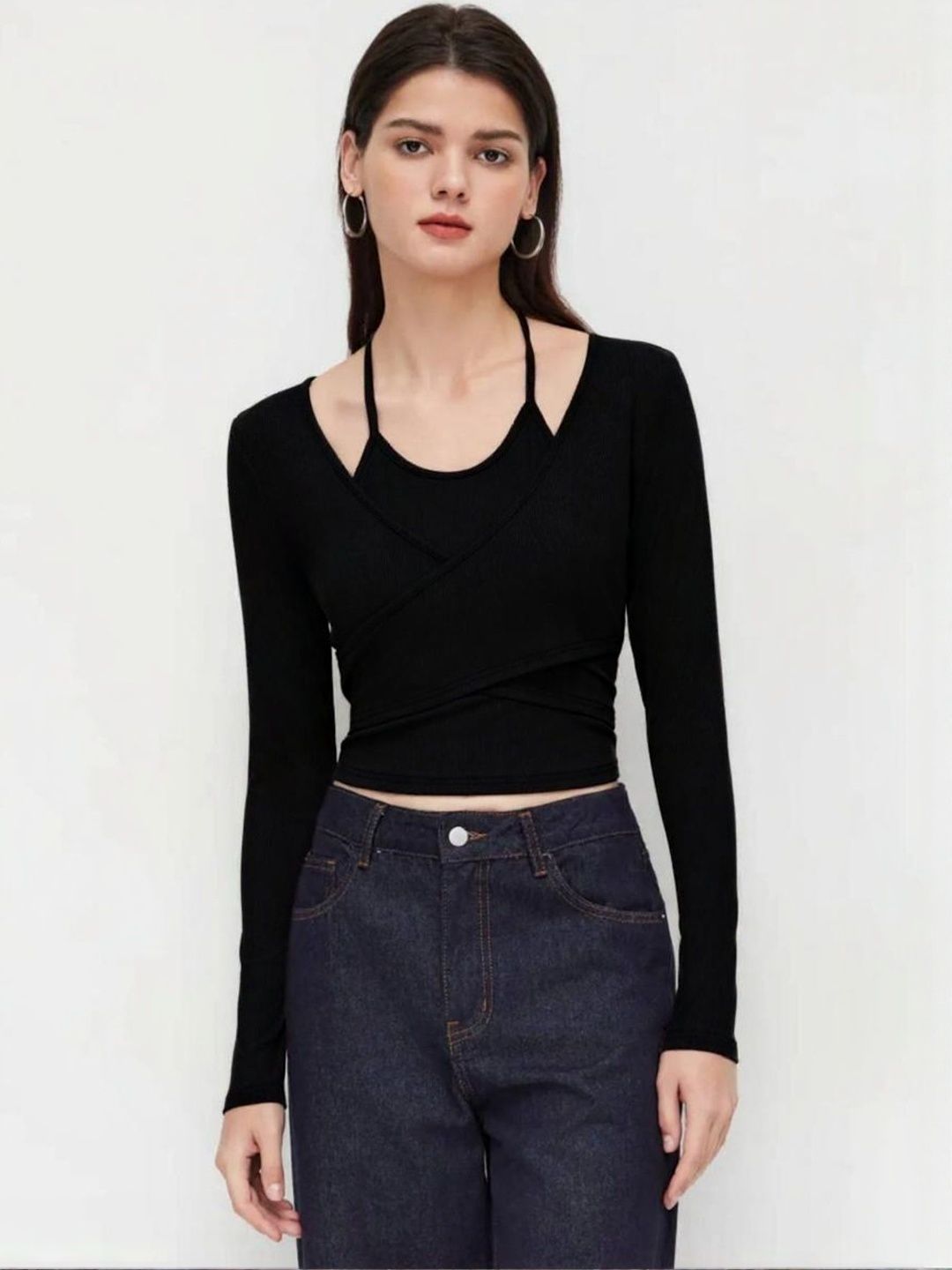 Womenster Women Halter Neckline Knotted Cross-Wrap Crop Top