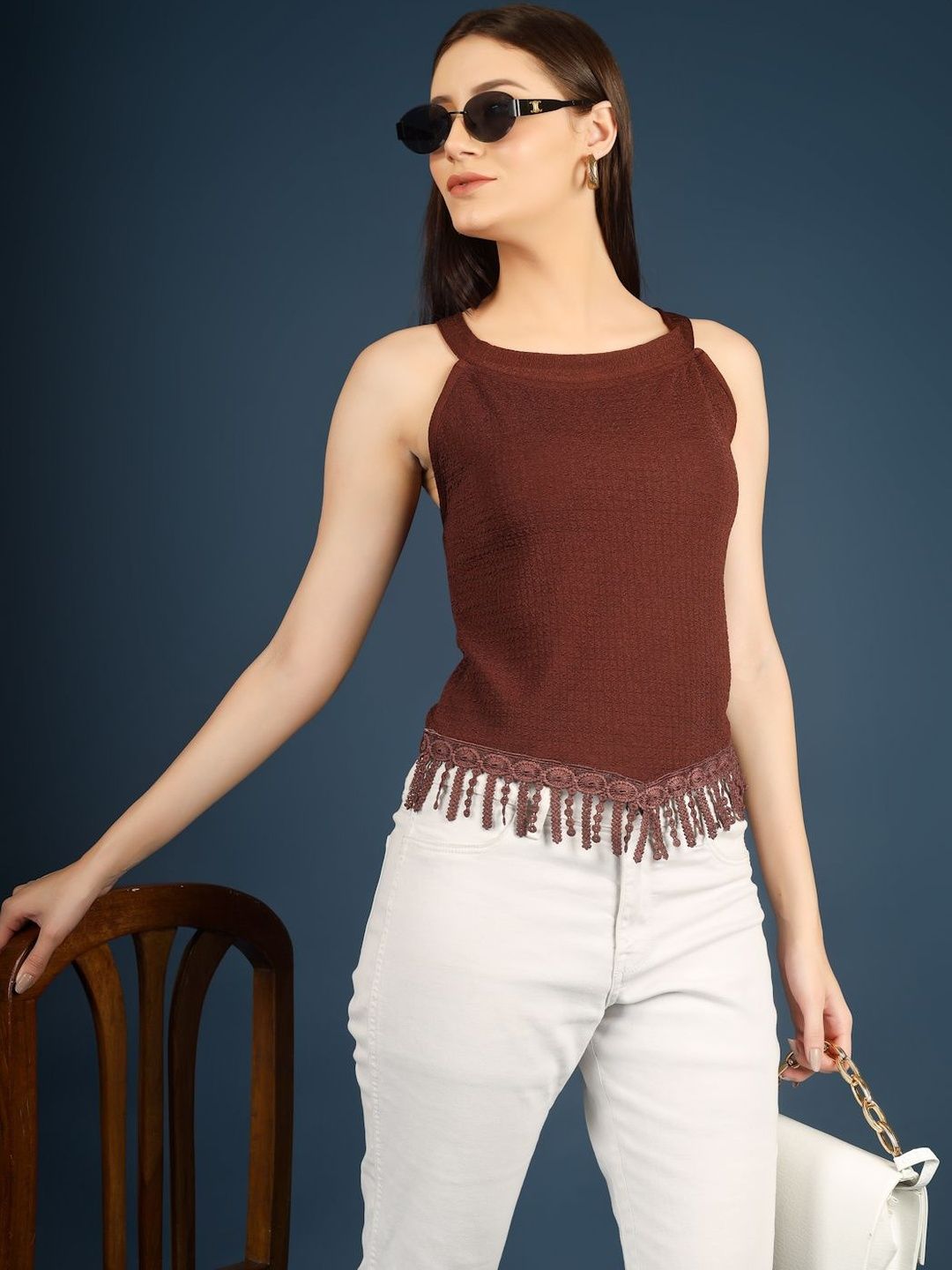 Kinjo Women Self Design Shoulder Straps Fringed Tank Crop Top
