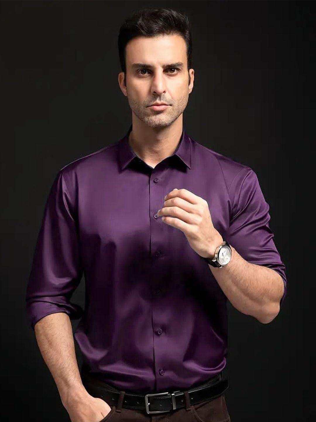 INDOPRIMO Men Solid Spread Collar Satin Formal Shirt