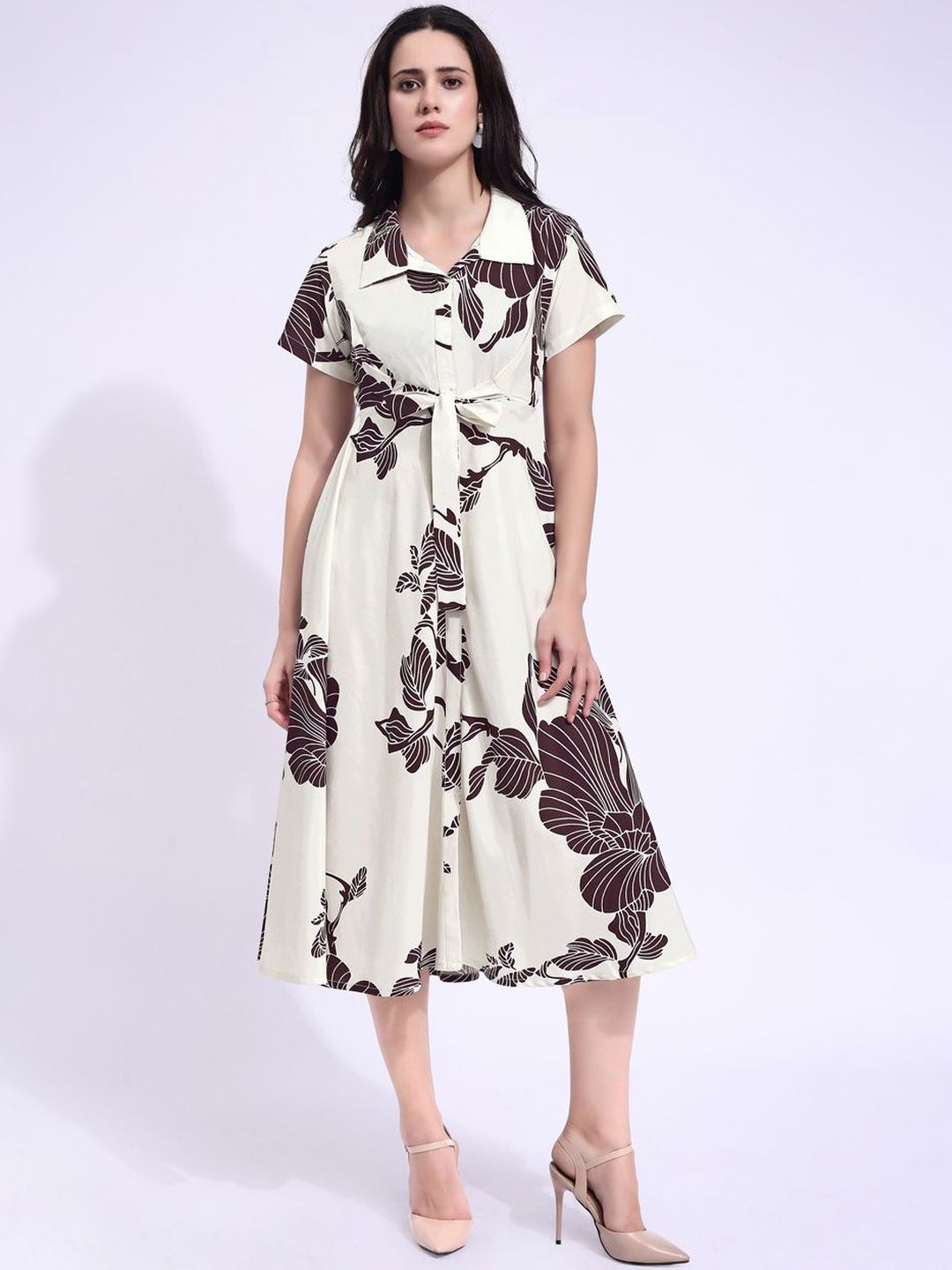 PURVAJA Floral Printed Shirt Collar Shirt Midi Dress