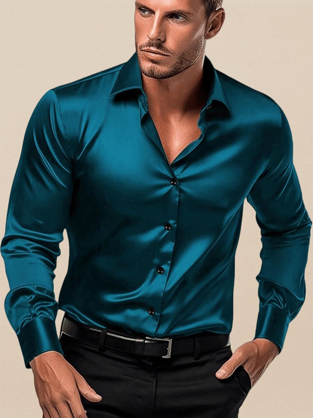 INDOPRIMO Men Solid Spread Collar Satin Formal Shirt