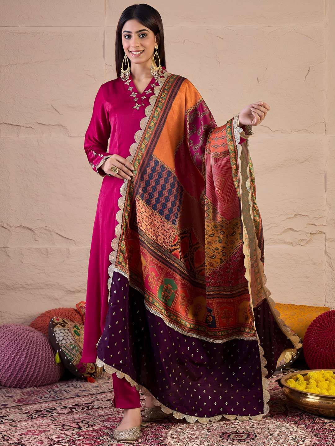 Inddus Women Ethnic Motifs Embroidered Anarkali Kurta with Trousers & Dupatta