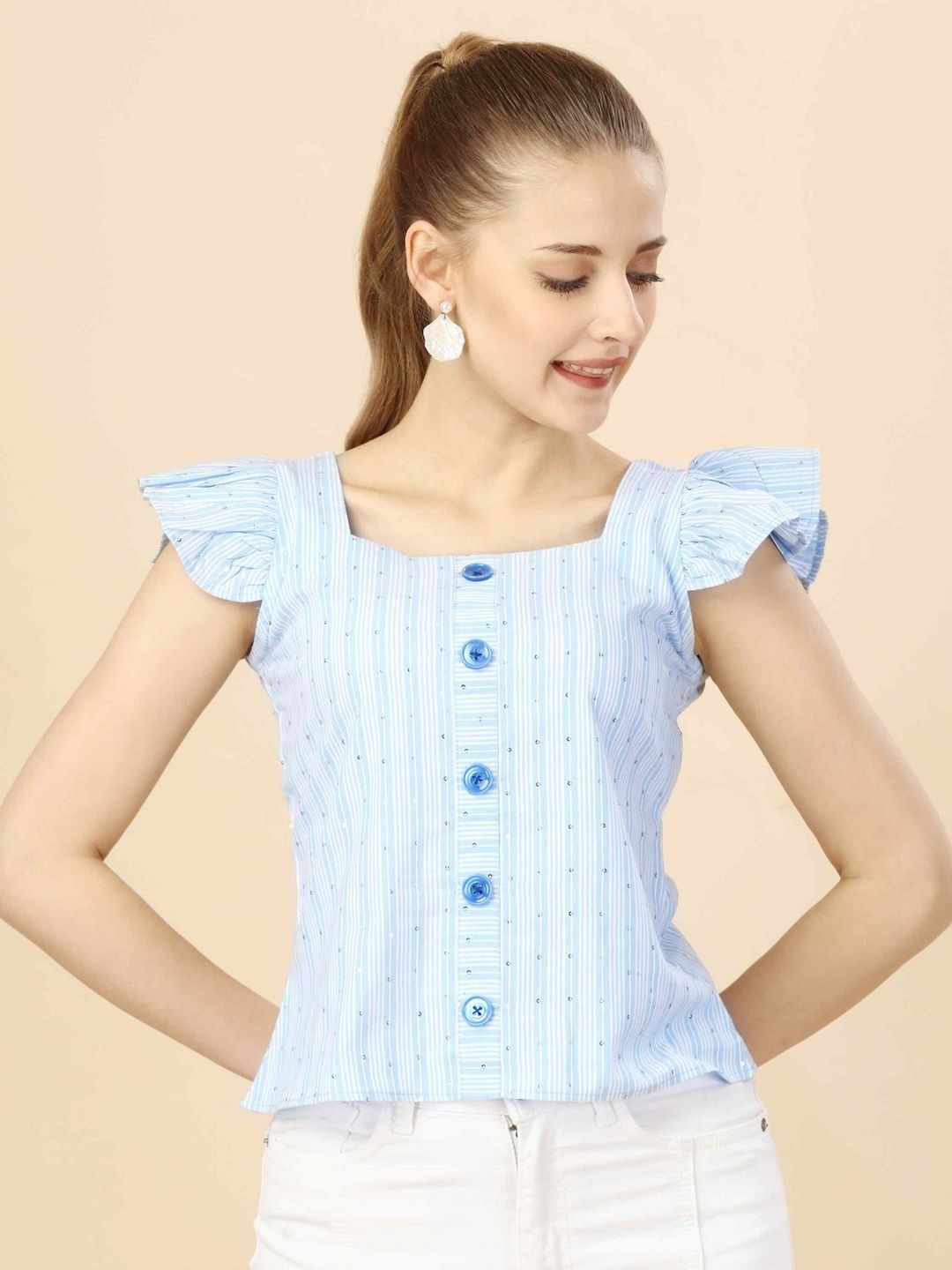 YANAMORA Women Striped Flutter Sleeves Button-Down Cotton Top
